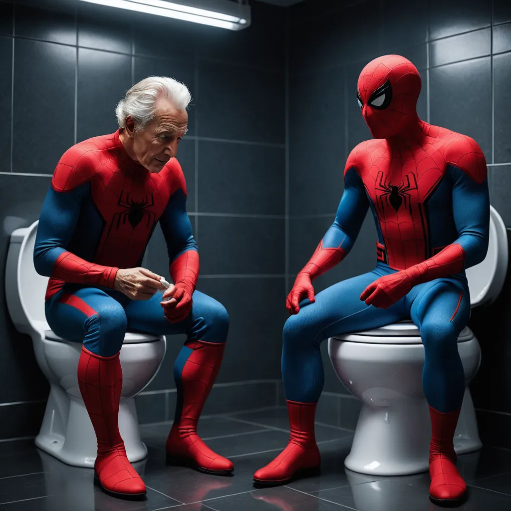 a man in a spider man suit sitting on a toilet in a bathroom stall with a cell phone in his hand, verdadism, a stock photo, Alton Tobey, cinematic photography