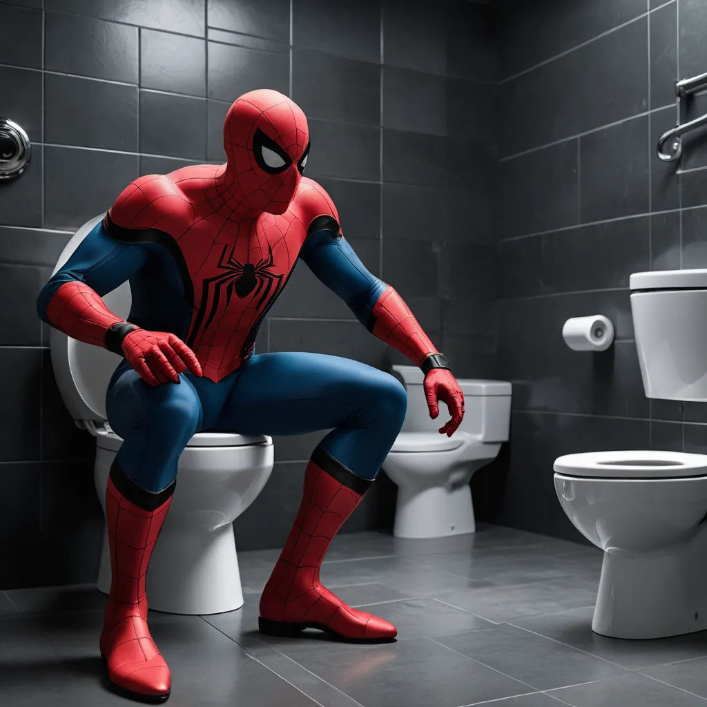 a man in a bathroom with a toilet and a spiderman costume on the toilet seat and a toilet, photorealism, a stock photo, Alton Tobey, unreal engine 5 highly rendered
