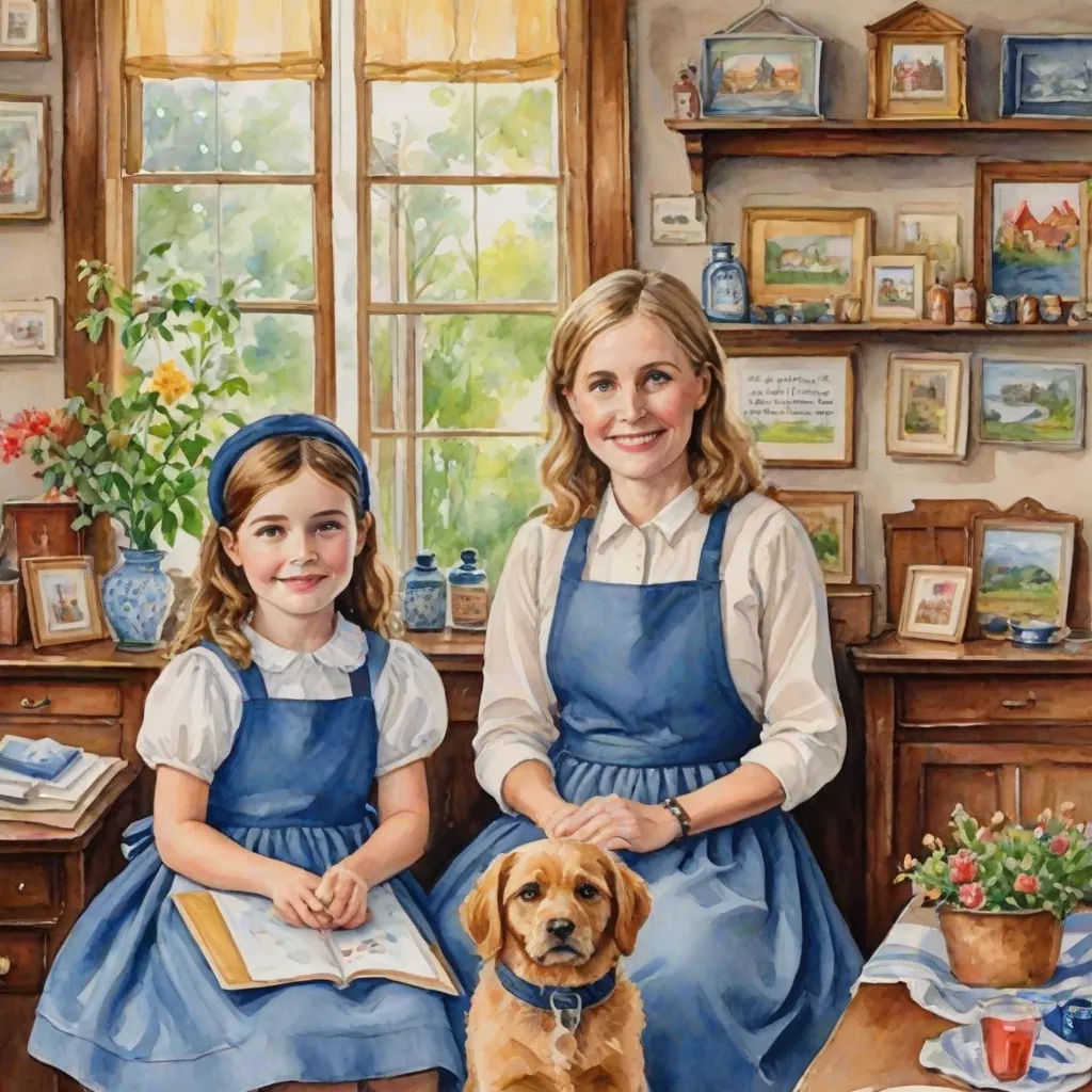 a painting of two girls and a dog in a room with a window and a table with a book, naive art, a storybook illustration, Bob Byerley, extremely detailed oil painting