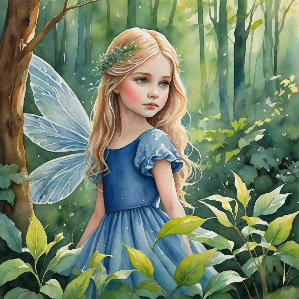 a painting of a little girl in a blue dress in the woods with a butterfly on her head and a wreath in her hair, fantasy art, a storybook illustration, Anne Stokes, storybook illustration