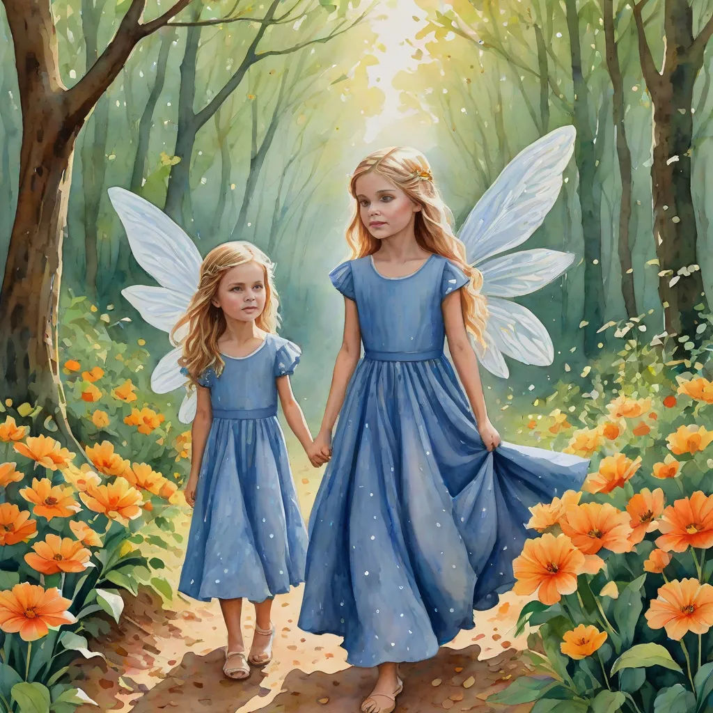 two little girls are walking through a forest with flowers and trees in the background, one is holding the hand of the other, fantasy art, a storybook illustration, Bob Byerley, storybook illustration