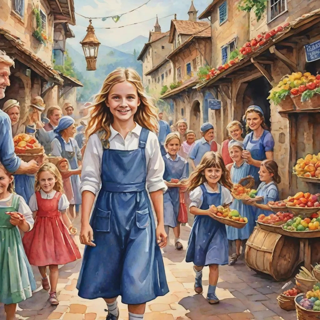 a painting of a girl walking down a street with a group of children in front of her and a man holding a basket of fruit, magical realism, a storybook illustration, Bob Byerley, official art