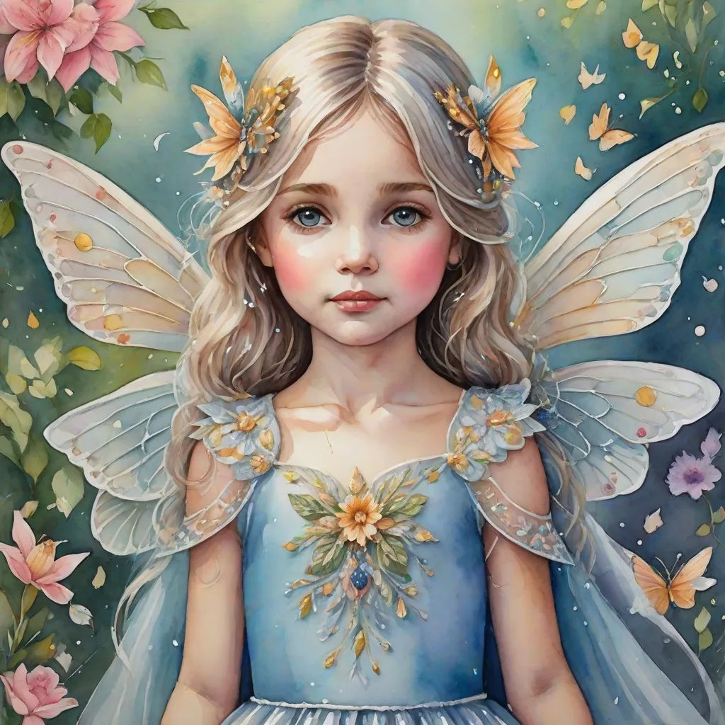 a painting of a little girl with a butterfly on her shoulder and a blue dress with flowers on it, fantasy art, a detailed painting, Anna Dittmann, highly detailed digital painting