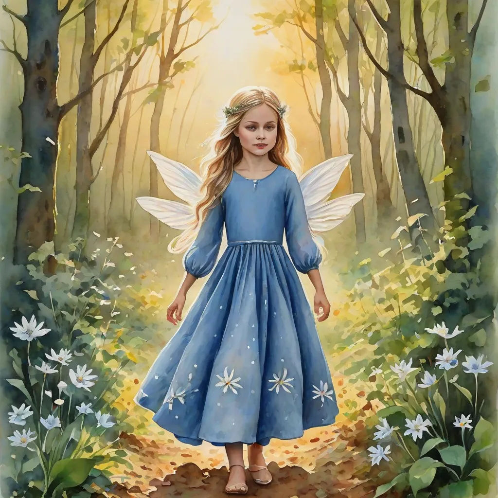 a painting of a little girl in a blue dress in the woods with a halo around her head and a halo around her head, fantasy art, a storybook illustration, Arthur Hughes, storybook illustration