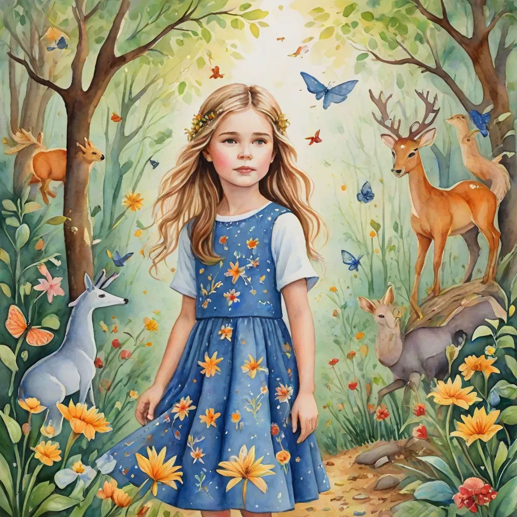 a painting of a girl in a blue dress standing in a forest with deers and flowers on it, figurative art, a storybook illustration, Bob Byerley, storybook illustration