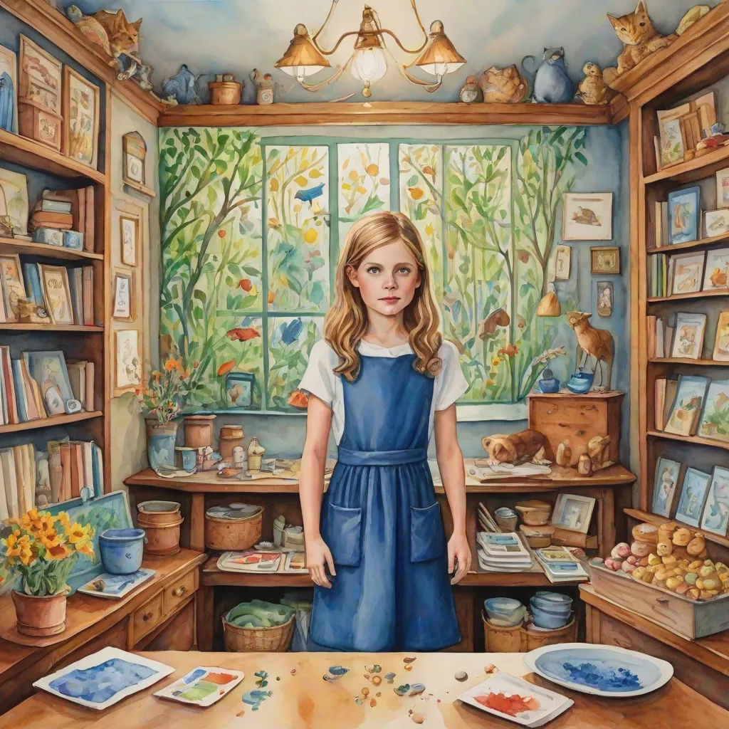 a painting of a girl in a room with bookshelves and a table with a plate of food, magic realism, a storybook illustration, Elinor Proby Adams, in gouache detailed paintings