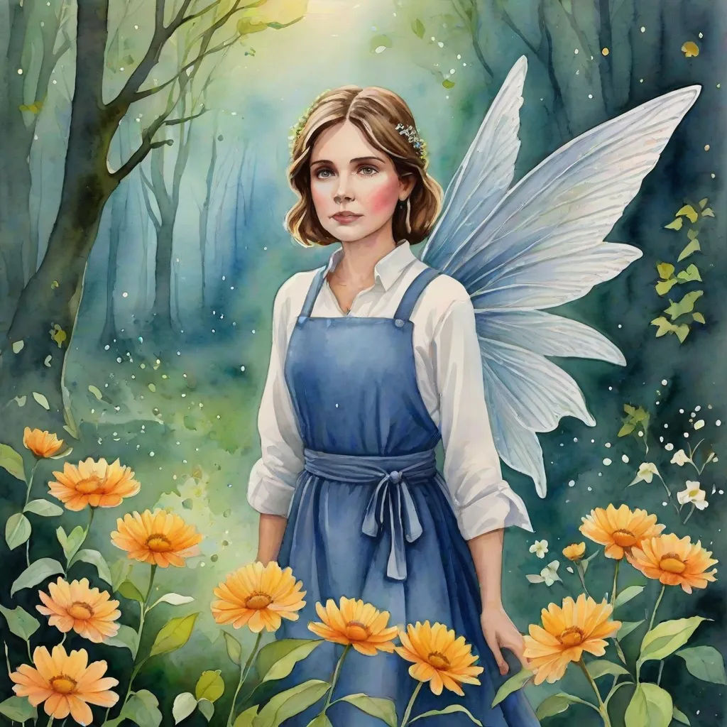 a painting of a girl in a blue dress with a butterfly wings and flowers in front of her, with a forest background, fantasy art, a storybook illustration, Elizabeth Durack, official art