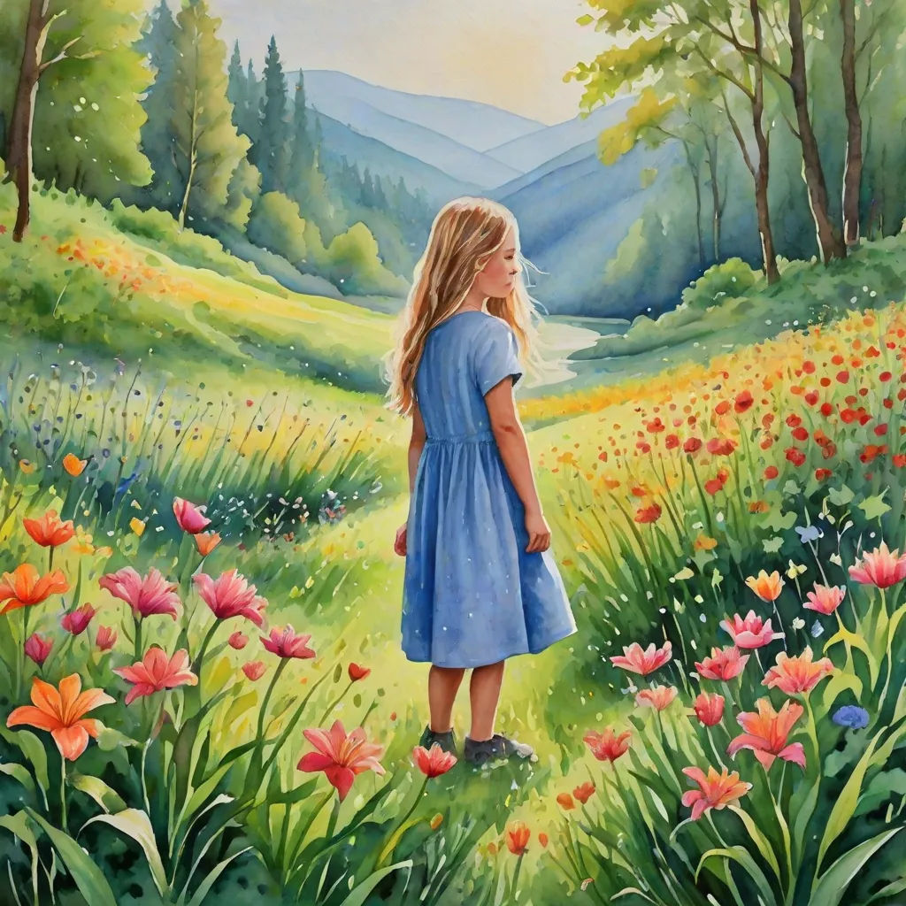 a painting of a little girl standing in a field of flowers looking at the mountains and trees in the distance, figurative art, an oil on canvas painting, Carol Sutton, detailed painting
