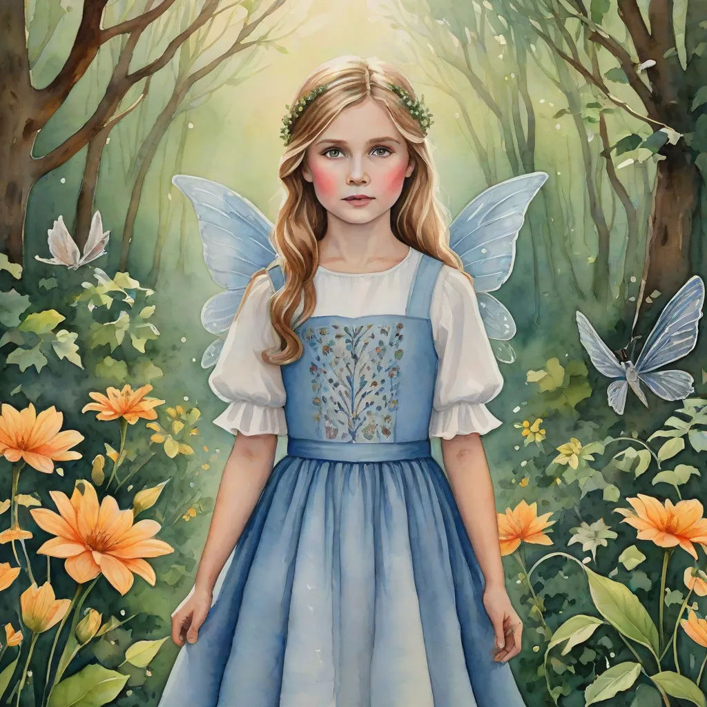a painting of a girl in a blue dress standing in a forest with flowers and butterflies around her, with a butterfly in her hair, fantasy art, a storybook illustration, Arthur Hughes, storybook illustration