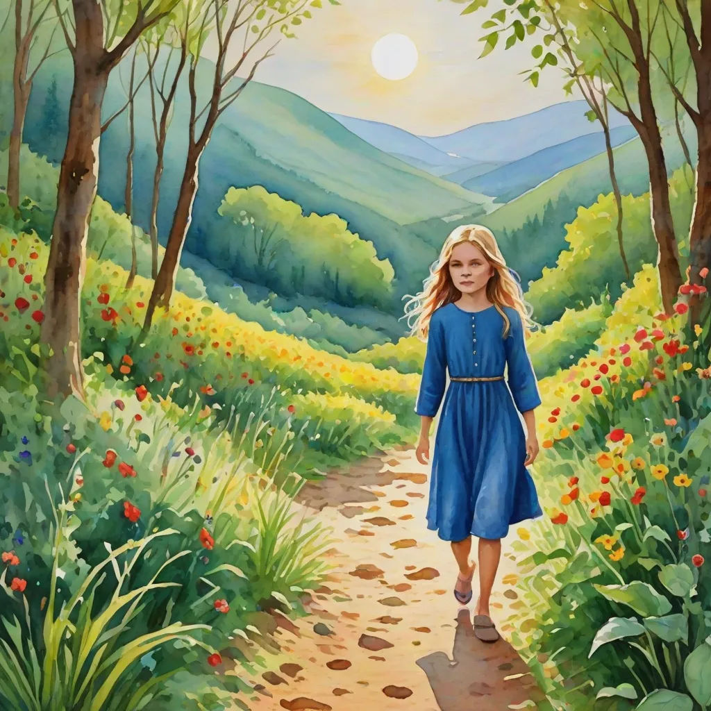 a painting of a girl walking down a path in the woods with flowers on both sides of the path, metaphysical painting, a storybook illustration, Bob Byerley, storybook illustration