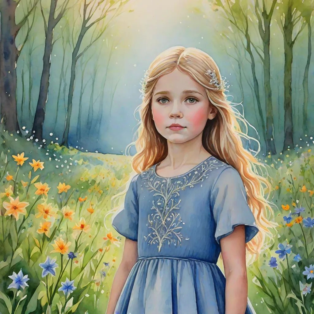 a painting of a girl in a blue dress standing in a field of flowers with trees in the background, figurative art, a fine art painting, Bob Byerley, highly detailed oil painting