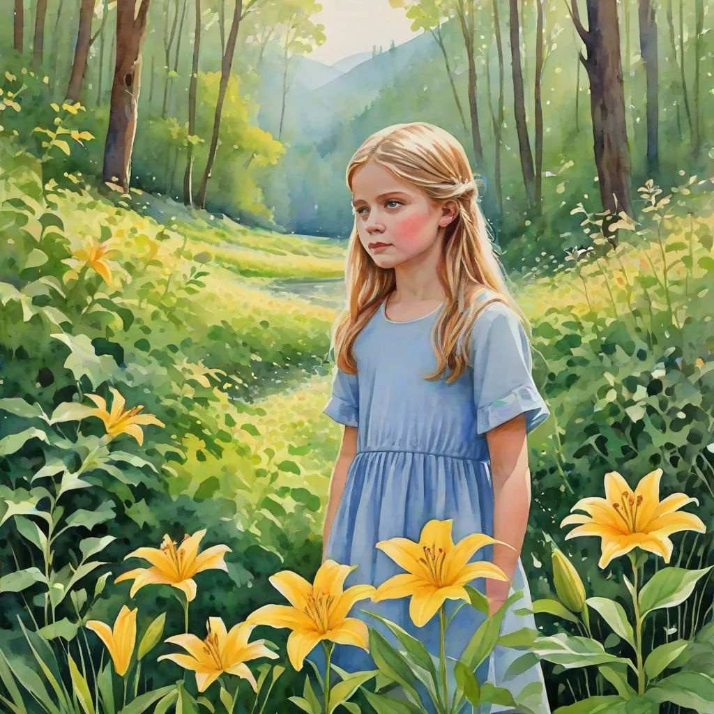 a painting of a girl in a blue dress standing in a field of flowers with a mountain in the background, figurative art, an oil on canvas painting, Bob Byerley, highly detailed oil painting