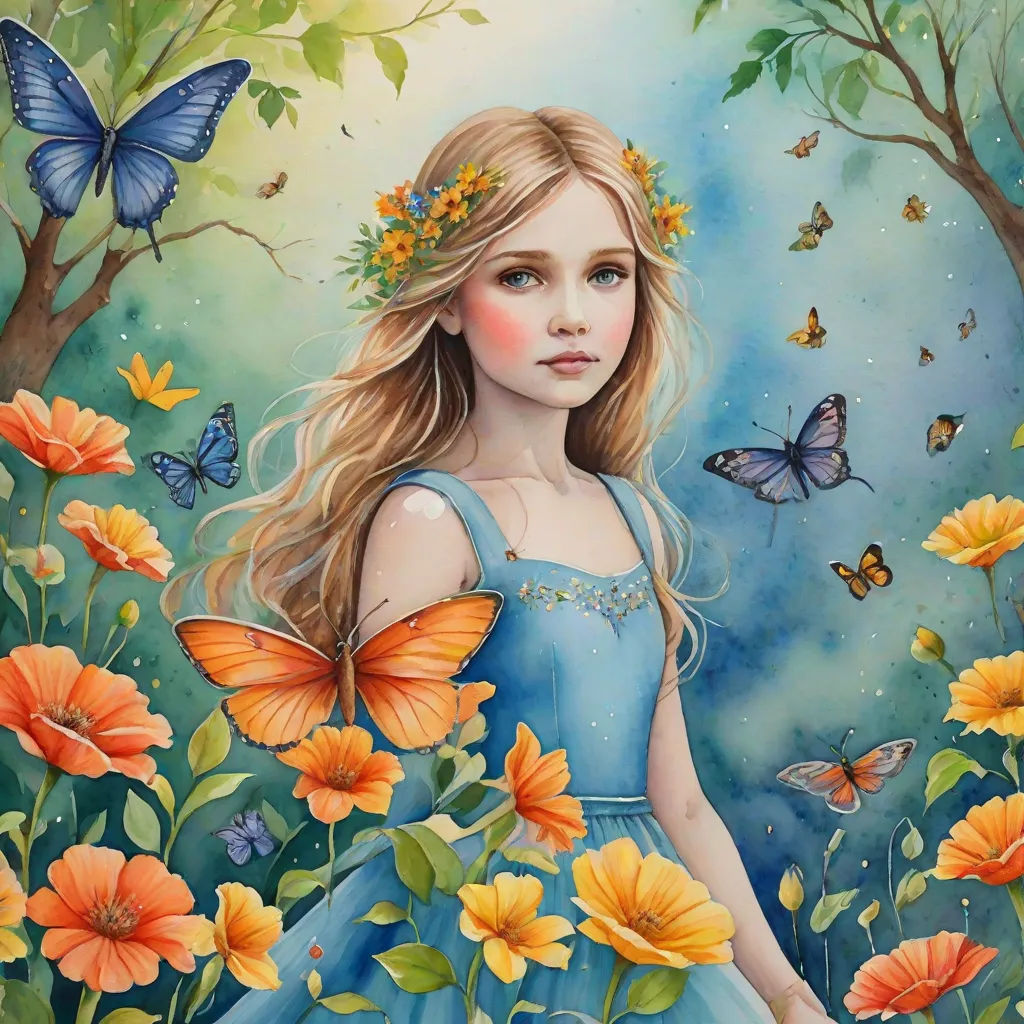a painting of a girl in a blue dress surrounded by flowers and butterflies with a butterfly in her hair, fantasy art, a detailed painting, Anna Dittmann, highly detailed digital painting