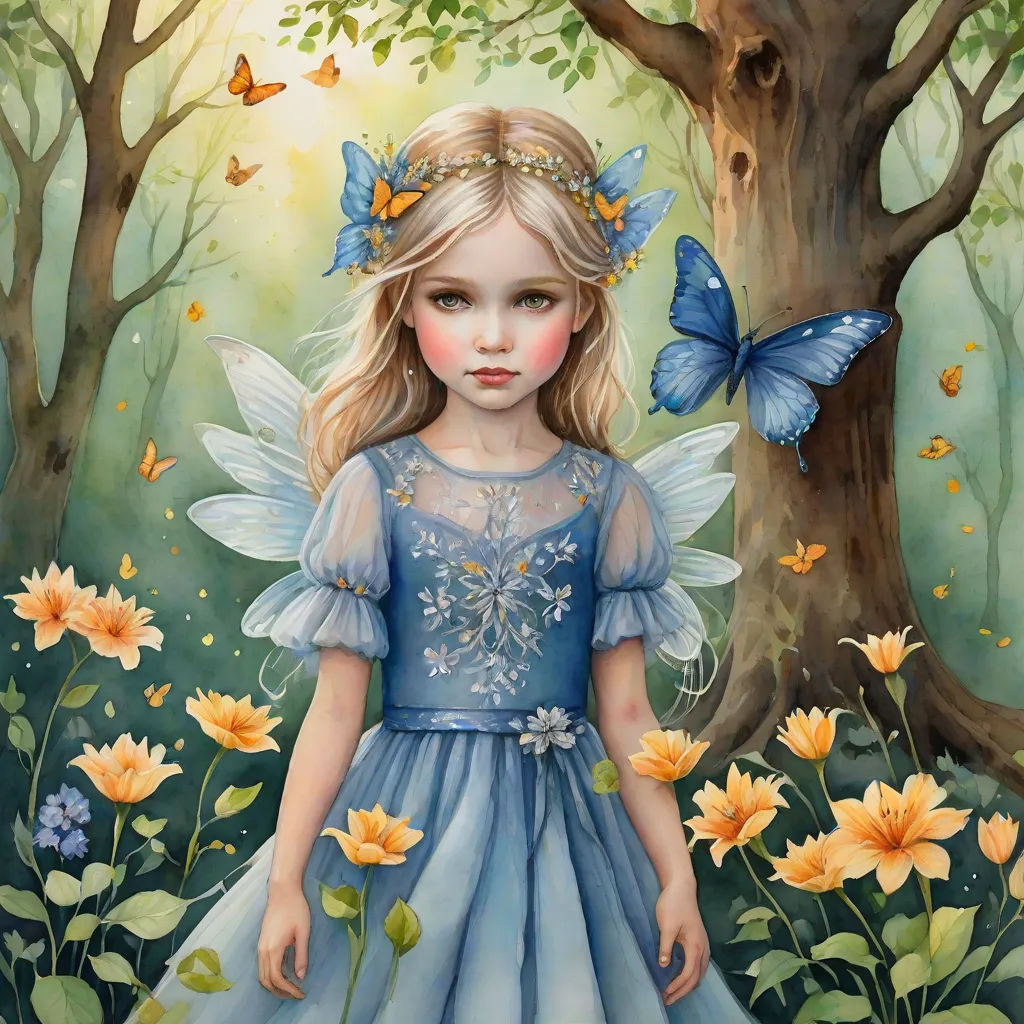 a painting of a little girl in a blue dress with butterflies on her head and a tree in the background, fantasy art, a storybook illustration, Anna Dittmann, whimsical