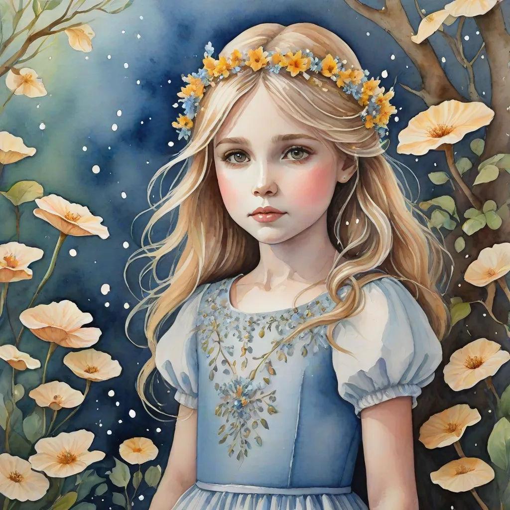 a painting of a girl in a blue dress with flowers in her hair and a wreath of flowers in her hair, fantasy art, a watercolor painting, Anna Dittmann, in gouache detailed paintings