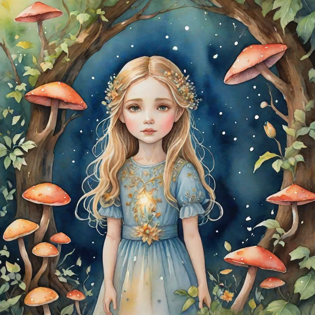 a painting of a girl in a blue dress standing in front of a forest with mushrooms and mushrooms on it, fantasy art, a storybook illustration, Anna Dittmann, storybook illustration