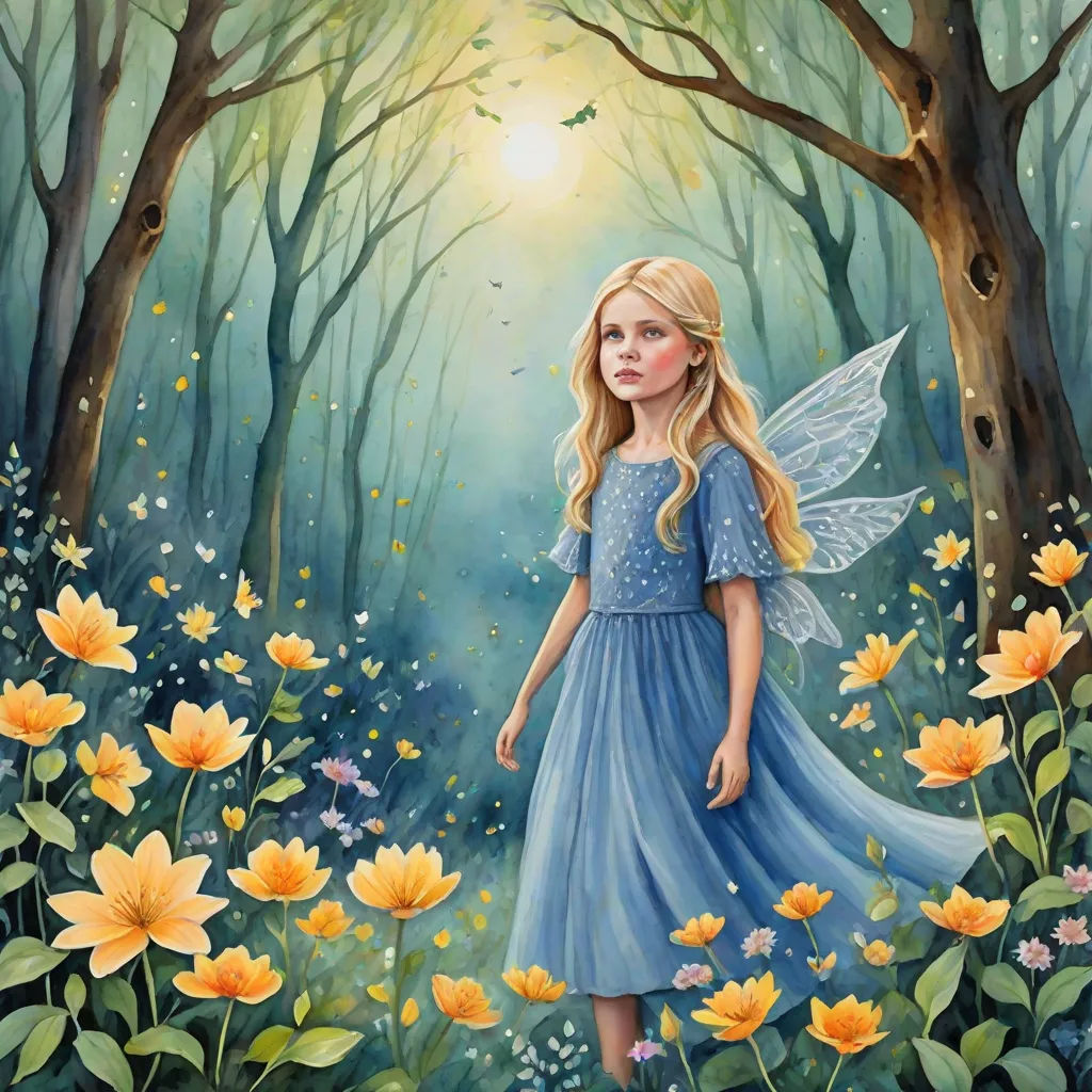 a painting of a girl in a blue dress in a forest with flowers and trees, with a sun shining through the trees, fantasy art, a storybook illustration, Cindy Wright, storybook illustration