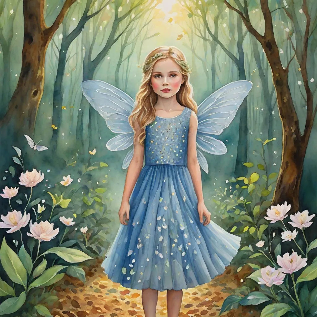 a painting of a little girl in a blue dress standing in a forest with flowers and trees around her, fantasy art, a storybook illustration, Cindy Wright, storybook illustration