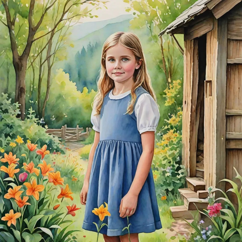 a painting of a little girl standing in a garden with flowers and a shed in the background with a mountain in the distance, figurative art, a detailed painting, Bob Byerley, highly detailed oil painting