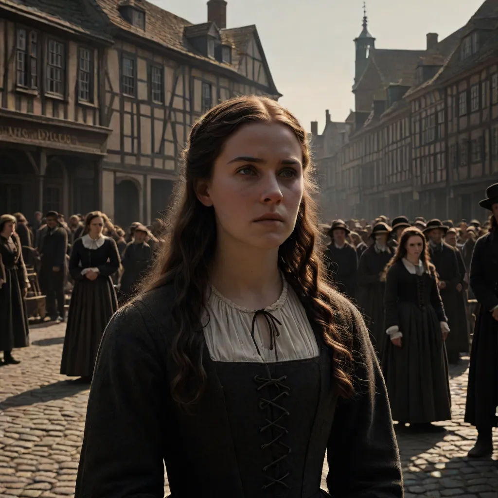 a woman in a long dress standing in front of a crowd of people in a town square with a clock tower, promotional image, renaissance, a detailed matte painting, Anne Said