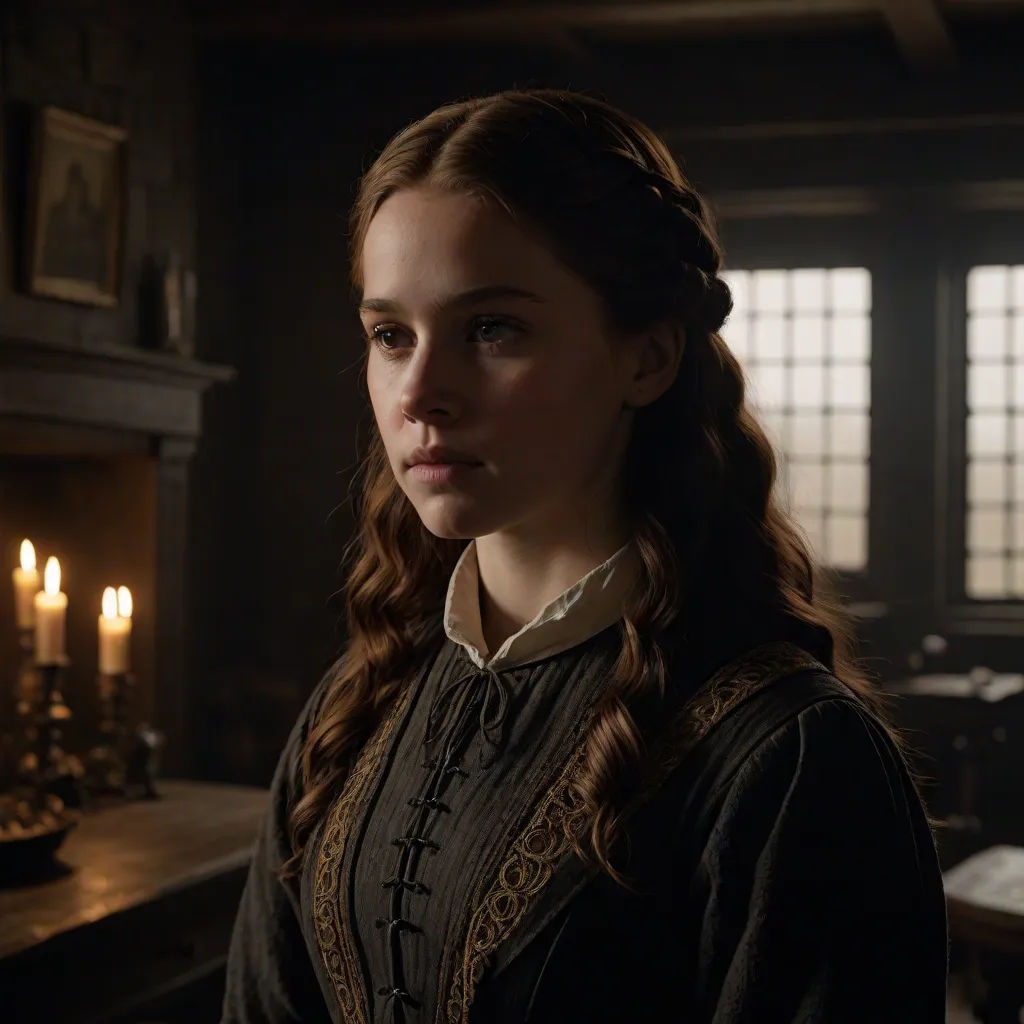 a woman in a black dress standing in a room with candles in the background and a fireplace in the corner, vfx, gothic art, a flemish Baroque, Anne Said