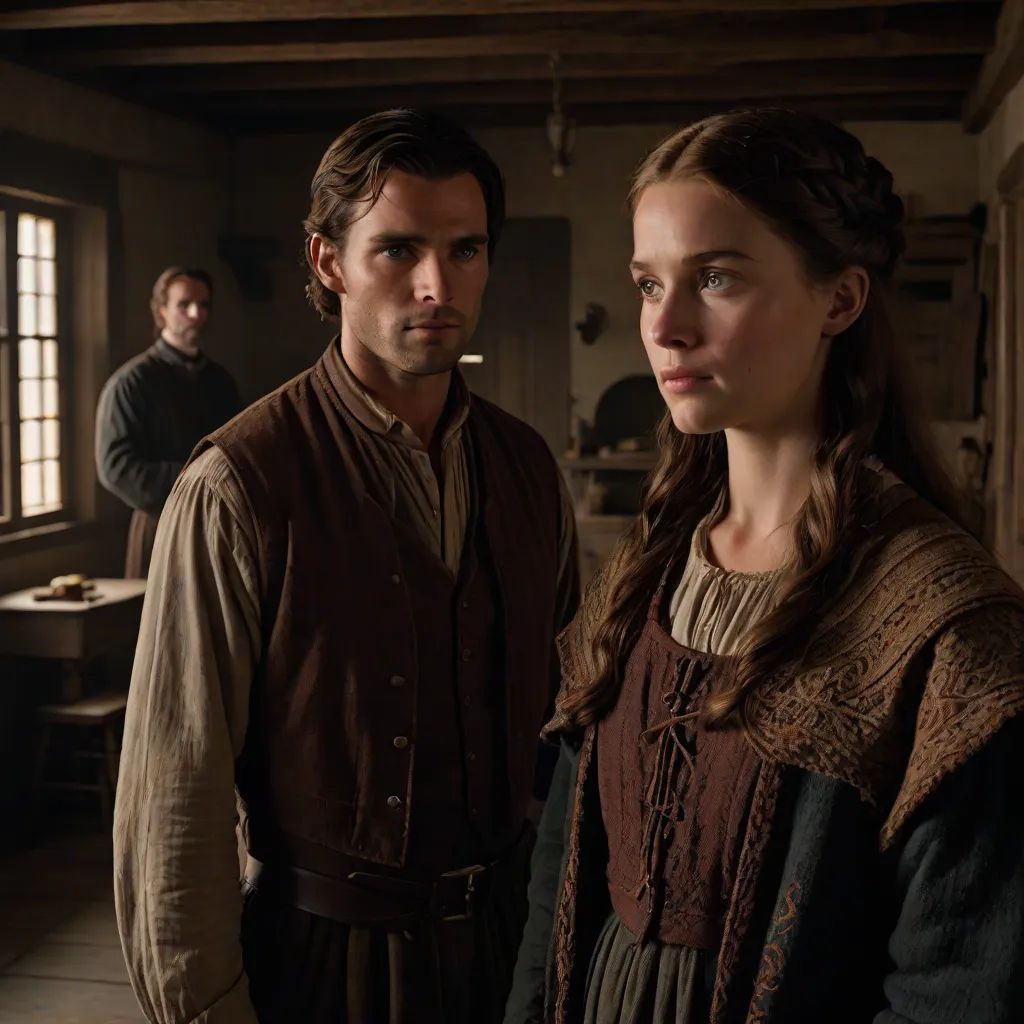 a man and a woman standing in a room together, one of them is wearing a brown dress and the other is wearing a brown coat, promotional image, international gothic, a poster, Anne Said