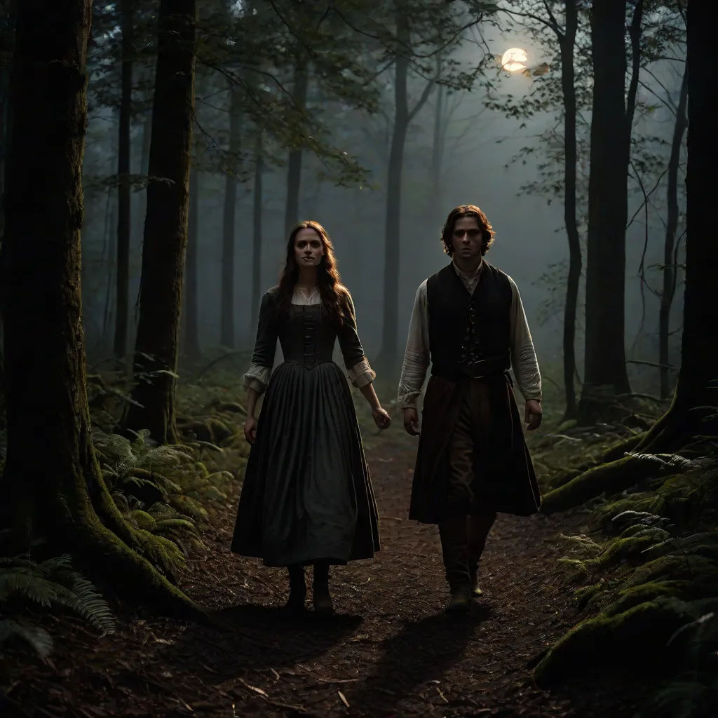 a man and a woman walking through a forest at night with a light on their head and a full moon in the background, promotional image, international gothic, a detailed matte painting, Anne Said