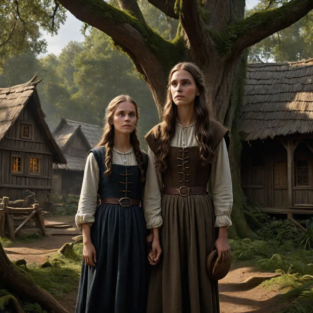 two women in renaissance dress standing in front of a tree and a village with a few houses in the background, promotional image, antipodeans, a detailed matte painting, Anne Said
