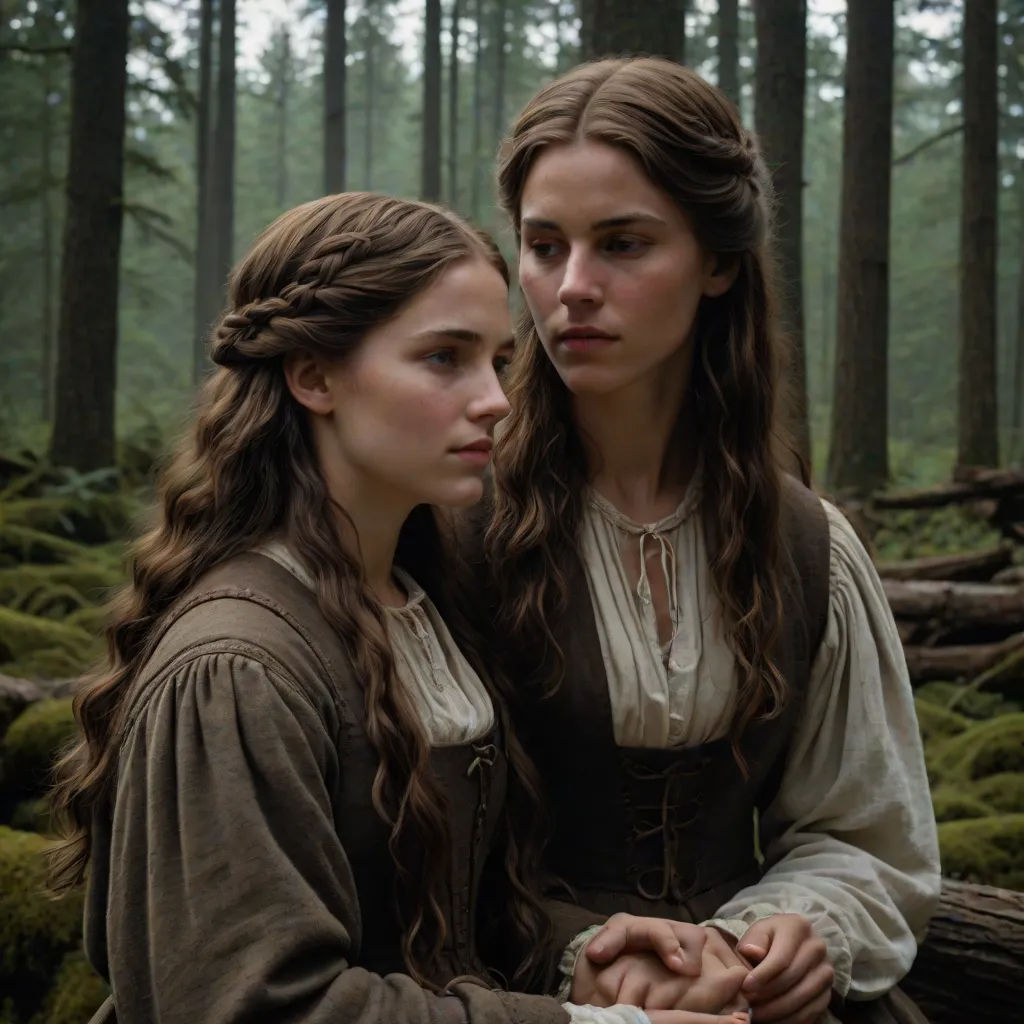 two women in renaissance dress standing in a forest together, one of them is holding the other's hand, leesha hannigan, antipodeans, a renaissance painting, Anne Said