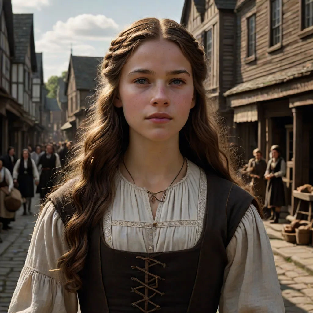 a woman in a renaissance dress standing in a street with people in the background and a building with a clock on it, promotional image, mannerism, a detailed matte painting, Celia Fiennes