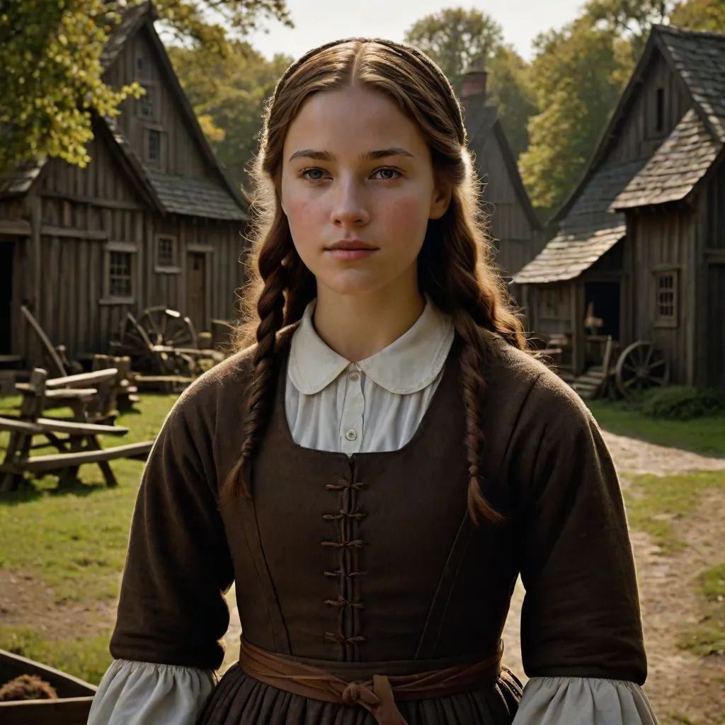 a woman in a brown dress standing in front of a wooden building with a picnic table and picnic tables, promotional image, antipodeans, a character portrait, Anne Said