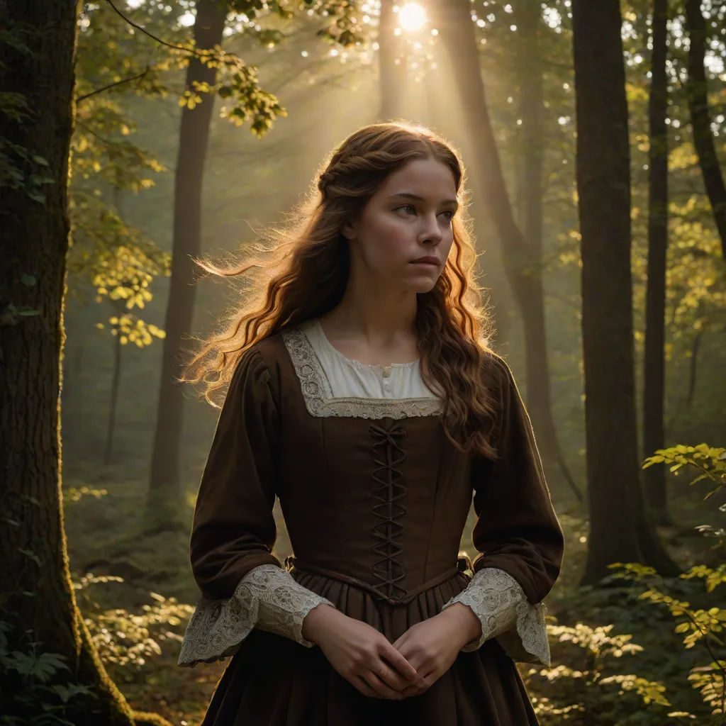 a woman in a brown dress standing in a forest with sun shining through the trees behind her and her hair in the air, promotional image, german romanticism, a flemish Baroque, Anne Said
