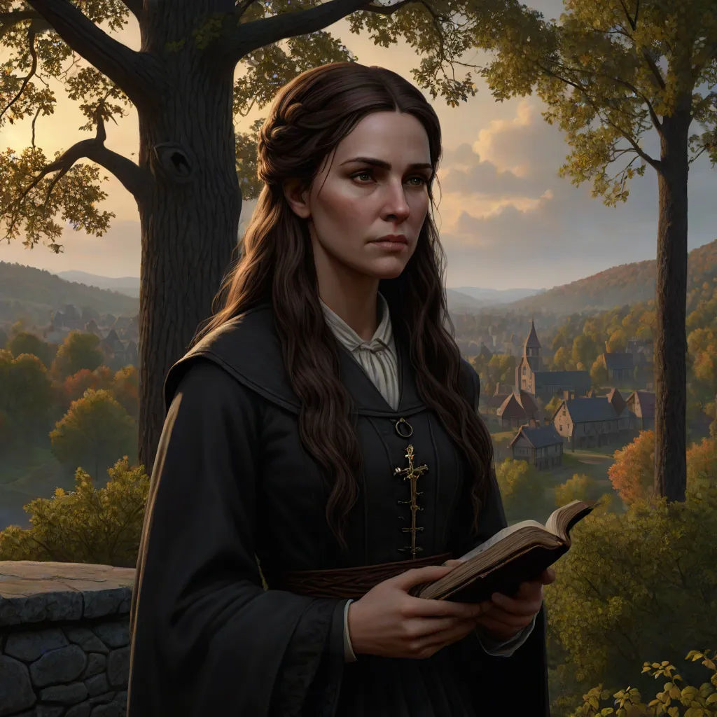 a painting of a woman holding a book in a forest with a castle in the background and a sunset, leesha hannigan, fantasy art, a character portrait, Ada Gladys Killins
