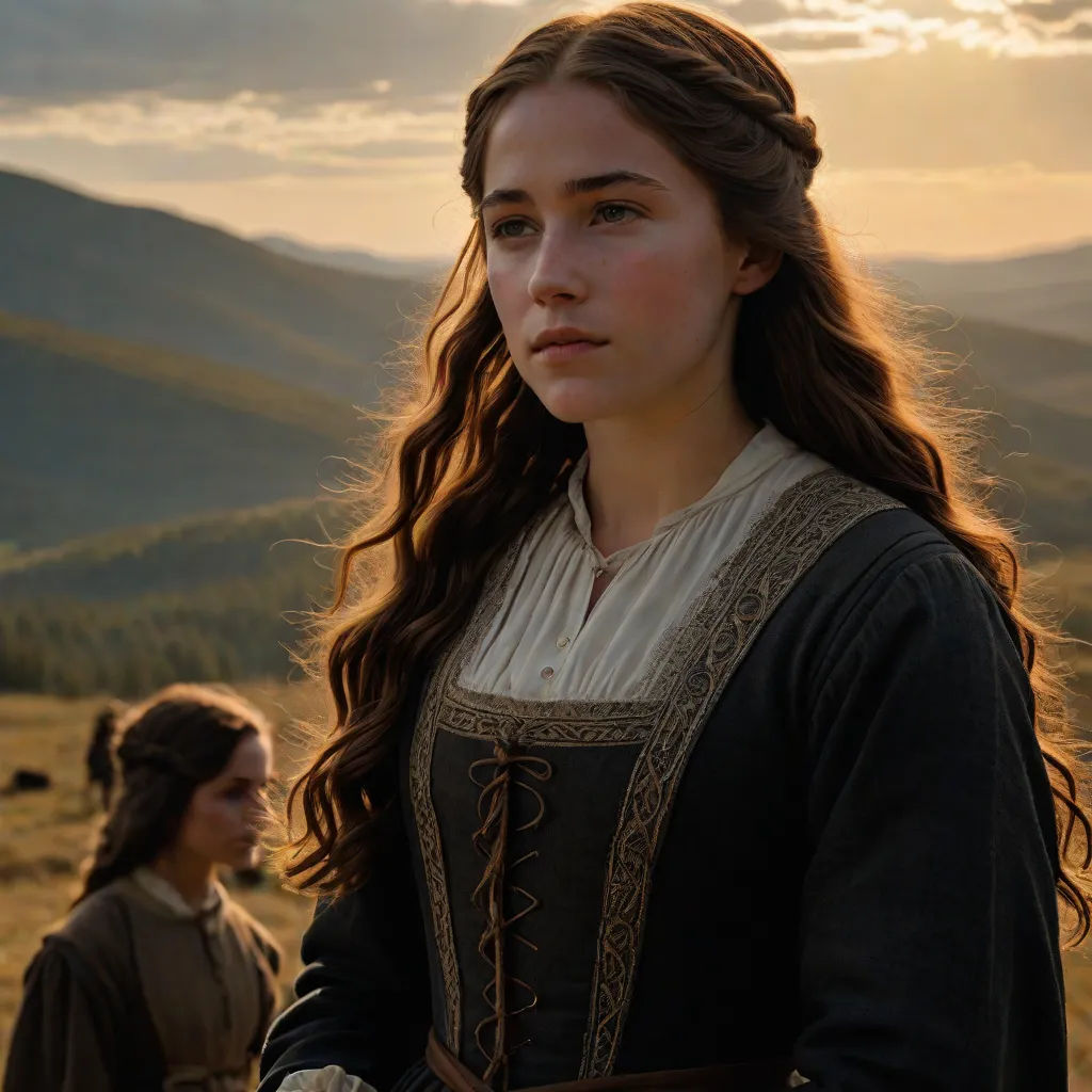 a woman in a dress standing in a field with a man in the background looking at the camera with a mountain in the background, leesha hannigan, renaissance, a detailed matte painting, Anne Said