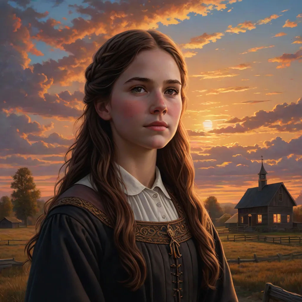a painting of a woman in a dress standing in front of a sunset with a barn in the background, highly detailed digital painting, american scene painting, a detailed painting, Andrea Kowch
