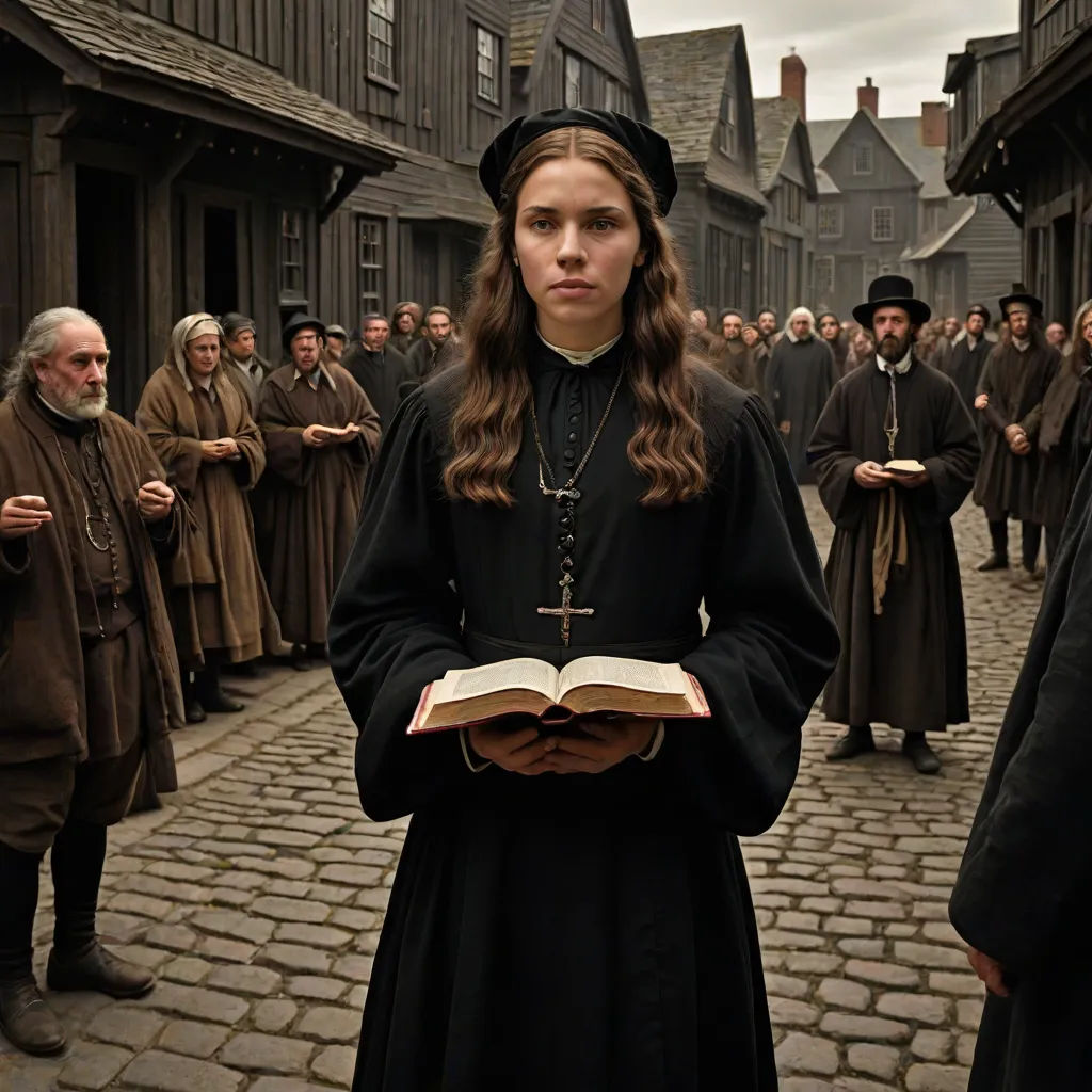 a woman in a black dress holding a book in front of a crowd of people in brown outfits and brown coats, promotional image, international gothic, a poster, Christabel Dennison
