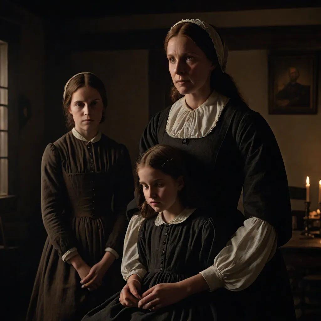 a woman and two girls standing in a room with candles on the table and a painting on the wall, movie still, tonalism, a poster, Anne Said