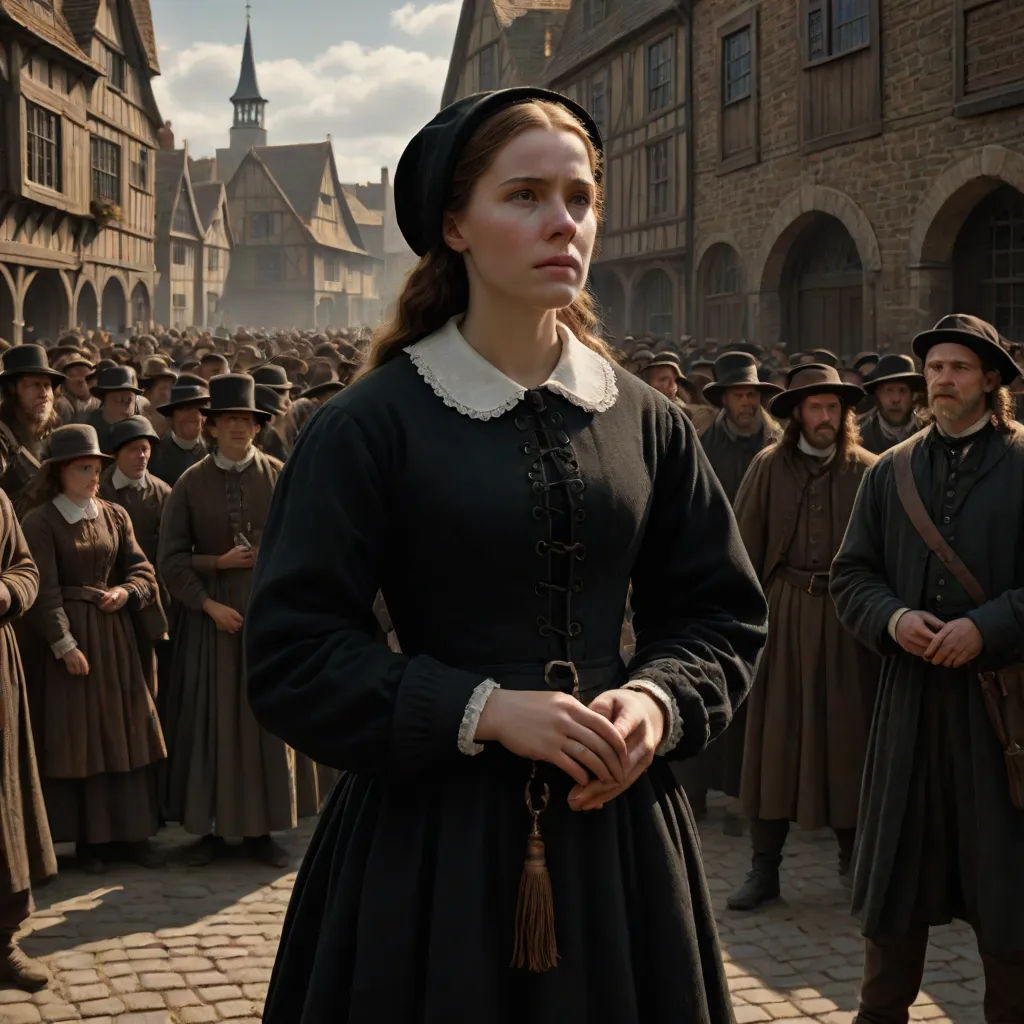 a woman in a black dress standing in front of a crowd of people in a historical setting with a clock tower in the background, promotional image, antipodeans, a renaissance painting, Anne Said
