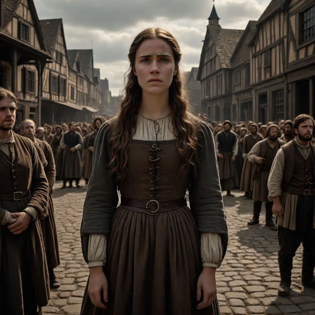 a woman in a brown dress standing in front of a crowd of people in a town square with a clock tower, promotional image, antipodeans, a detailed matte painting, Christabel Dennison