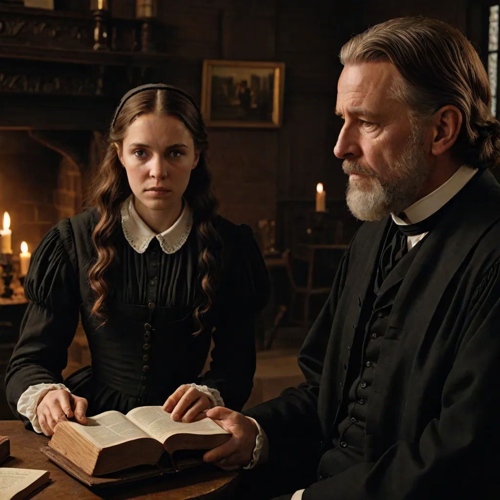 a man and a woman sitting at a table with a book in front of them and candles in the background, movie still, international gothic, a poster, Anne Said