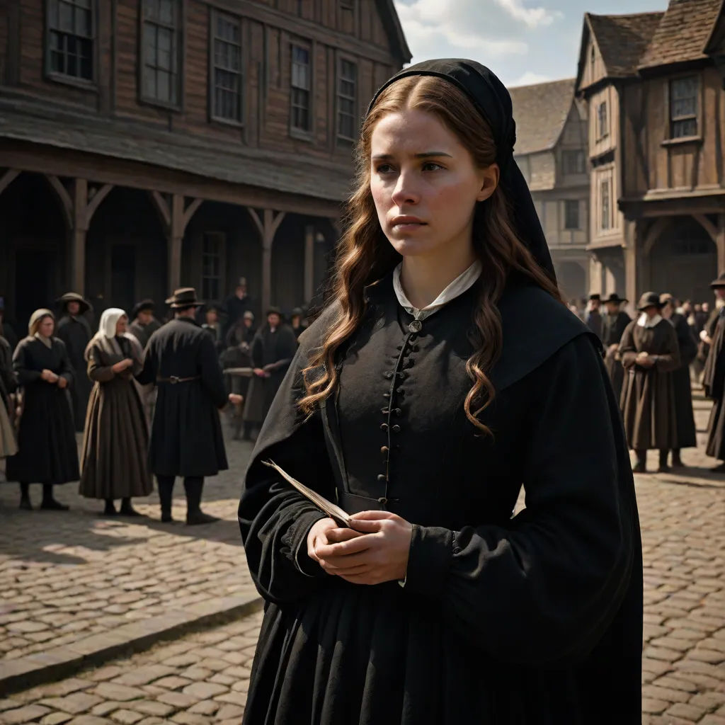 a woman in a black dress standing in front of a crowd of people in a courtyard with a building, promotional image, pre-raphaelitism, a detailed matte painting, Anne Said