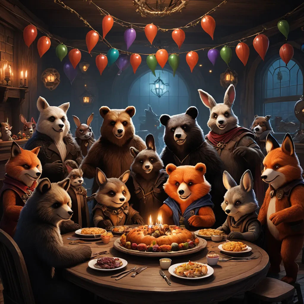 a group of animals standing around a table with a cake on it and a candle in the middle of the table, furry art, concept art, Chris LaBrooy, official art