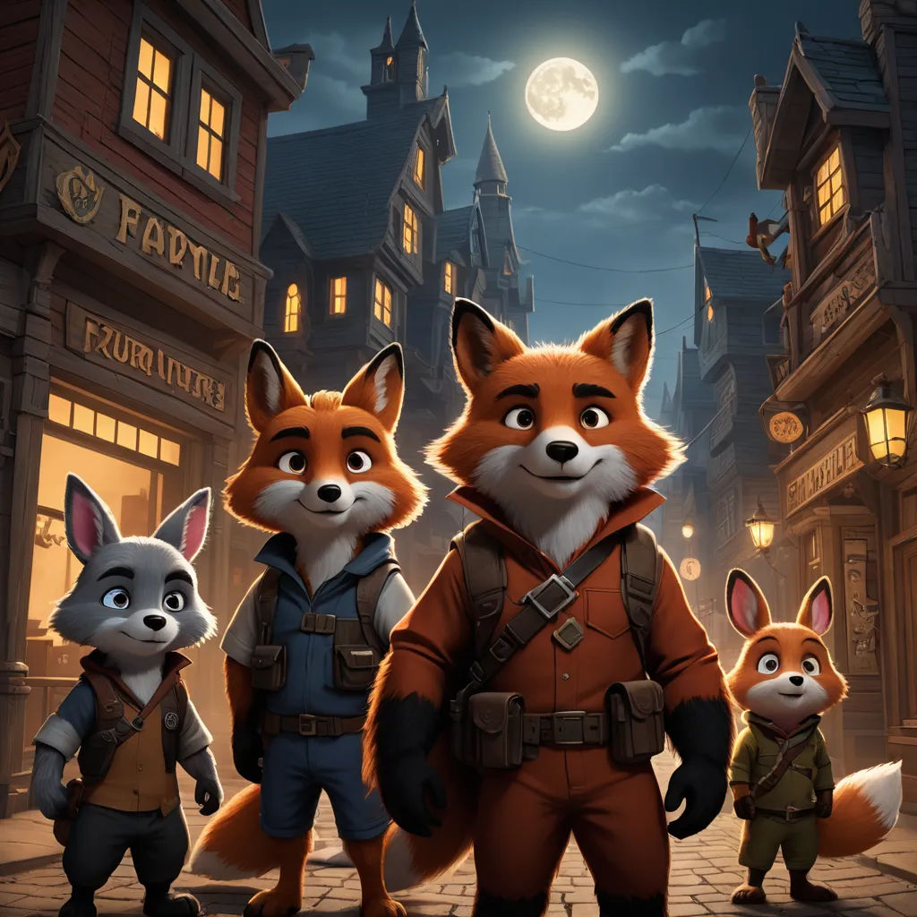 a group of foxes standing on a street next to a building at night with a full moon in the sky, sots art, poster art, Cliff Childs, key art