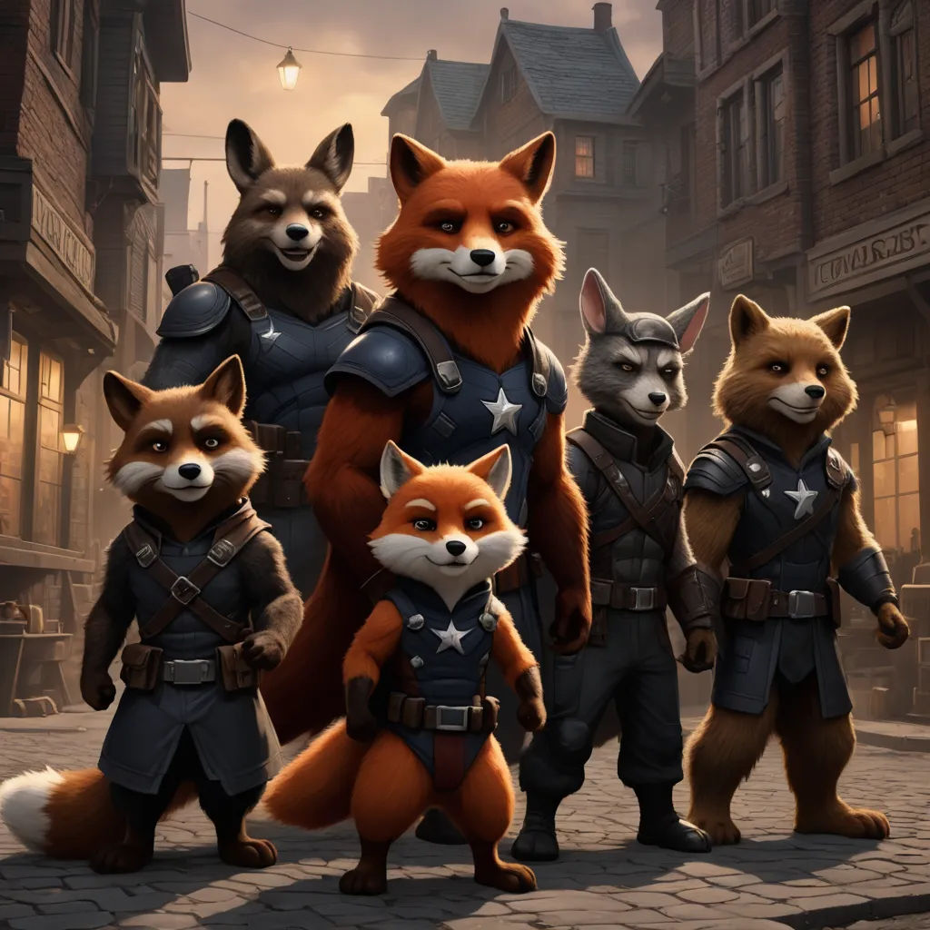 a group of foxes standing next to each other on a street next to buildings and a street light with a sky background, furry art, concept art, Chris LaBrooy, key art
