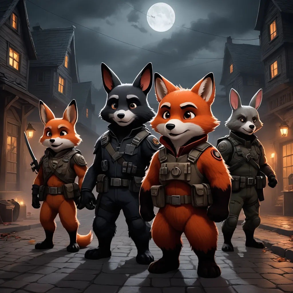 a group of foxes standing next to each other on a street at night with a full moon in the background, sots art, concept art, Altichiero, key art