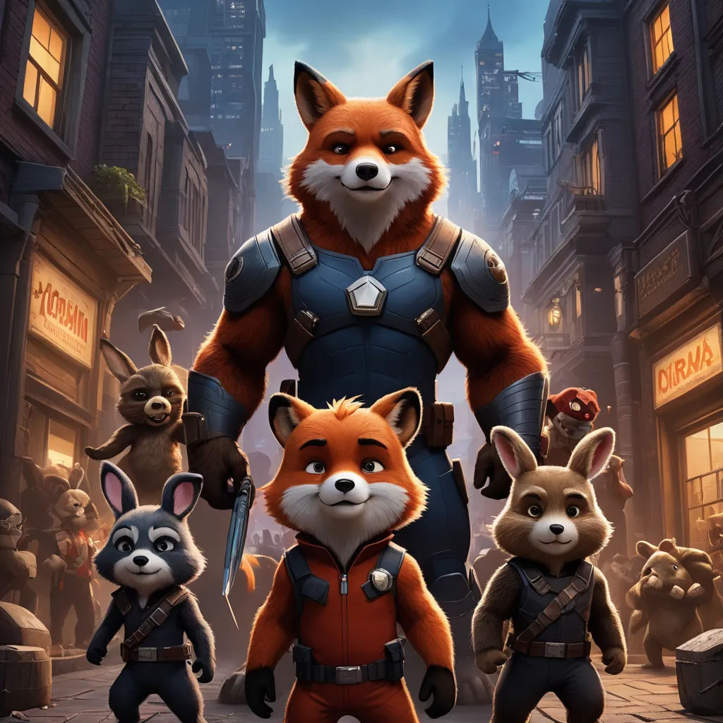 a poster of a fox and some other animals in a city street with buildings and buildings in the background, furry art, poster art, Dom Qwek, key art
