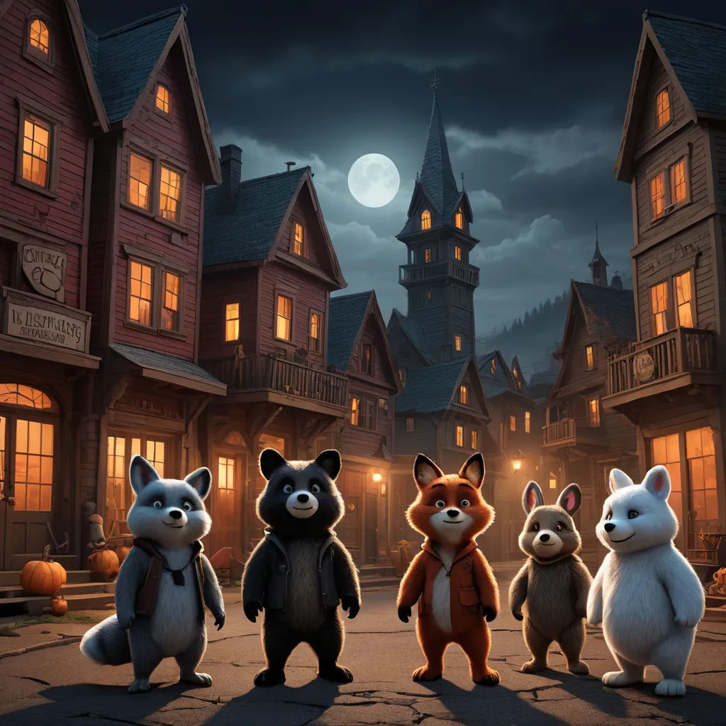 a group of animals standing in front of a building at night with a full moon in the background and a full moon in the sky, furry art, concept art, Chris LaBrooy, key art