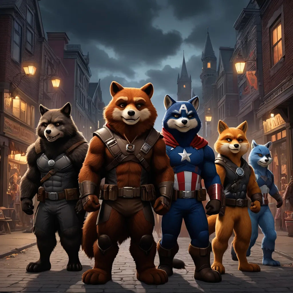 a group of cartoon characters standing in the street with a rocket raccoon and other characters in the background, furry art, an album cover, Chris LaBrooy, key art