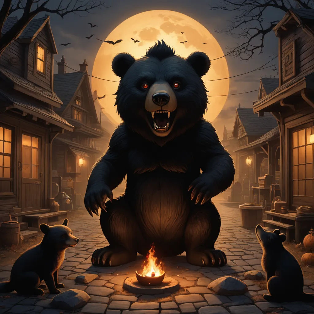 a bear sitting on a brick road with a fire in front of it and a full moon in the background, furry art, a storybook illustration, Chris LaBrooy, highly detailed digital painting