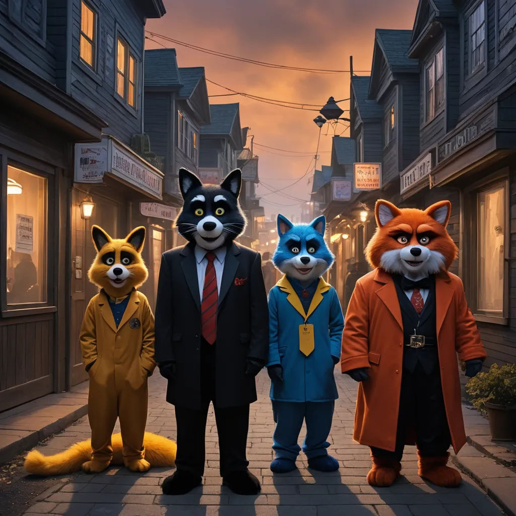 a group of people in animal costumes standing on a street with a cat and fox costume on and a man in a suit, furry art, an album cover, Chris LaBrooy, promotional image